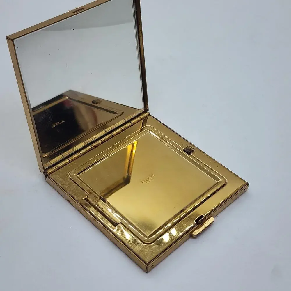Vintage Volupte Powder Compact Gold Tone Floral Rhinestone Mirror Vanity USA